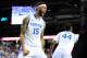 Mar 14, 2014; Atlanta, GA, USA; Kentucky Wildcats forward Willie Cauley-Stein (15) reacts after dunking against the LSU Tigers during the second half in the quarterfinals of the SEC college basketball tournament at Georgia Dome. Kentucky defeated LSU 85-