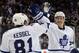 NEW YORK, NY - MARCH 05: Tyler Bozak #42 of the Toronto Maple Leafs (R) celebrates his goal at 1:51 of overtime along with Phil Kessel #81 (L) to defeat the New York Rangers 3-2 at Madison Square Garden on March 5, 2014 in New York City. (Photo by Bruce