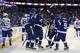 TAMPA, FL - APRIL 8: Members of the Tampa Bay Lightning (L-R) Victor Hedman #77, Ondrej Palat; Steven Stamkos #91, and Tyler Johnson #9 celebrate a goal as members of the Toronto Maple Leafs react at the Tampa Bay Times Forum on April 8, 2014 in Tampa, F