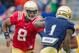 Apr 12, 2014; Notre Dame, IN, USA; Notre Dame Fighting Irish quarterback Malik Zaire (8) hands the ball off to running back Greg Bryant (1) in the third quarter of the Blue-Gold game at Notre Dame Stadium. Mandatory Credit: Matt Cashore-USA TODAY Sports