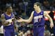Apr 9, 2014; New Orleans, LA, USA; Phoenix Suns guard Eric Bledsoe (2) celebrates with guard Goran Dragic (1) against the New Orleans Pelicans in the second half at the Smoothie King Center. The Suns won 94-88. Mandatory Credit: Crystal LoGiudice-USA TODA