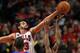 CHICAGO, IL - APRIL 11: Joakim Noah #13 of the Chicago Bulls blocks a shot by Rodney Stuckey #3 of the Detroit Pistons at the United Center on April 11, 2014 in Chicago, Illinois. The Bulls defeated the Pistons 106-98. NOTE TO USER: User expressly acknowl