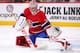 MONTREAL, QC - APRIL 12: Carey Price #31 of the Montreal Canadiens makes a pad save on the puck during the NHL game against the New York Rangers at the Bell Centre on April 12, 2014 in Montreal, Quebec, Canada. The Canadiens defeated the Rangers 1-0 in