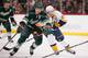 ST. PAUL, MN - APRIL 13: Zach Parise #11 of the Minnesota Wild and Patric Hornqvist #27 of the Nashville Predators skate to the puck during the game on April 13, 2014 at the Xcel Energy Center in St. Paul, Minnesota. (Photo by Bruce Kluckhohn/NHLI via Get