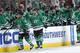 DALLAS, TX - APRIL 11: Jamie Benn #14 and Trevor Daley #6 of the Dallas Stars celebrate a goal on their way back to the bench against the St. Louis Blues at the American Airlines Center on April 11, 2014 in Dallas, Texas. (Photo by Glenn James/NHLI via Ge