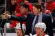 NEWARK, NJ - MARCH 04: Head coach Mike Babcock of the Detroit Red Wings gives instructions during a timeout againmst the New Jersey Devils during the game at the Prudential Center on March 4, 2014 in Newark, New Jersey. (Photo by Andy Marlin/NHLI via Gett