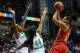 Apr 6, 2014; Nashville, TN, USA; Maryland Terrapins forward Alyssa Thomas (25) shoots against Notre Dame Fighting Irish forward Ariel Braker (44) during the first half in the semifinals of the Final Four in the 2014 NCAA Womens Division I Championship tou