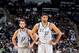 SAN ANTONIO, TX - March 29: Marco Belinelli #3 and Tim Duncan #21 of the San Antonio Spurs stand on the court during a game against the New Orleans Pelicans at the AT&T Center on March 29, 2014 in San Antonio, Texas. NOTE TO USER: User expressly acknowled