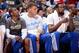 LOS ANGELES, CA - APRIL 6: Chris Paul #3 of the Los Angeles Clippers sits on the bench with Blake Griffin #32 and DeAndre Jordan #6 at Staples Center on April 6, 2014 in Los Angeles, California. NOTE TO USER: User expressly acknowledges and agrees that,