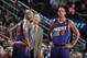 HOUSTON, TX - DECEMBER 4: P.J. Tucker #17, Jeff Hornacek and Channing Frye #8 of the Phoenix Suns looks on during the game against the Houston Rockets on December 4, 2013 at the Toyota Center in Houston, Texas. NOTE TO USER: User expressly acknowledges a