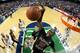 GREENSBORO, NC - MARCH 13: Okaro White #10 of the Florida State Seminoles goes up to block a shot against the Maryland Terrapins during the second round of the 2014 Men's ACC Basketball Tournament at Greensboro Coliseum on March 13, 2014 in Greensboro, N
