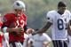 FOXBORO, MA - JULY 27: Quarterback Tom Brady #12 and wide receiver Randy Moss # 81 of the New England Patriots work out during training camp practice on July 27, 2007 at Gillette Stadium in Foxboro, Massachusetts. (Photo by Jim Rogash/Getty Images)