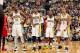 INDIANAPOLIS, IN - MAY 1: Indiana Pacers players Roy Hibbert #55, Paul George #24, Lance Stephenson #1 and George Hill #3 wait to resume play action against the Atlanta Hawks in Game Five of the Eastern Conference Quarterfinals during the 2013 NBA Playoff