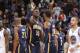 OAKLAND, CA - JANUARY 20: Roy Hibbert #55 of the Indiana Pacers high fives teammate Paul George #24 during the game against the Golden State Warriors on January 20, 2014 at Oracle Arena in Oakland, California. NOTE TO USER: User expressly acknowledges an