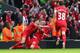 LIVERPOOL, ENGLAND - APRIL 13: Martin Skrtel of Liverpool celebrates scoring the second goal with team-mate Steven Gerrard (L) during the Barclays Premier League match between Liverpool and Manchester City at Anfield on April 13, 2014 in Liverpool, Engla