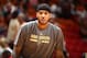 MIAMI, FL - APRIL 6: Carmelo Anthony #7 of the New York Knicks warms up on the court before the game against the Miami Heat on April 6, 2014 at American Airlines Arena in Miami, Florida. NOTE TO USER: User expressly acknowledges and agrees that, by downl