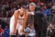 PHILADELPHIA, PA - MARCH 12: Brett Brown of the Philadelphia 76ers talks with Michael Carter-Williams #1 during the game against the Sacramento Kings at the Wells Fargo Center on March 12, 2014 in Philadelphia, Pennsylvania. NOTE TO USER: User expressly