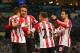 MANCHESTER, ENGLAND - APRIL 16: Connor Wickham of Sunderland celebrates scoring their second goal with Emanuele Giaccherin, Adam Johnson and Ignacio Scocco of Sunderland during the Barclays Premier League match between Manchester City and Sunderland at E