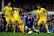 LIVERPOOL, ENGLAND - APRIL 16: Ross Barkley of Everton in action with Joe Ledley of Crystal Palace during the Barclays Premier League match between Everton and Crystal Palace at Goodison Park on April 16, 2014 in Liverpool, England. (Photo by Chris Brunsk