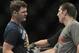 Apr 16, 2014; Quebec City, Quebec, Canada; Michael Bisping (red gloves) shakes hands with Tim Kennedy (blue gloves) after their middleweight bout at Colisee Pepsi. Mandatory Credit: Eric Bolte-USA TODAY Sports