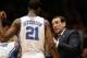 Feb 4, 2014; Durham, NC, USA; Duke Blue Devils head coach Mike Krzyzewski talks to forward Amile Jefferson (21) during a timeout against the Wake Forest Demon Deacons at Cameron Indoor Stadium. Mandatory Credit: Mark Dolejs-USA TODAY Sports