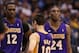 Feb 24, 2013; Dallas, TX, USA; Los Angeles Lakers guard Steve Nash (10) speaks with center Dwight howard and guard Kobe Bryant (24) during the game agains the Dallas Mavericks at the American Airlines Center. The Lakers beat the Mavs 103-99. Mandatory Cr