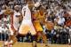 Jun 3, 2013; Miami, FL, USA; Indiana Pacers power forward David West (21) is defended by Miami Heat center Chris Bosh (1) and LeBron James (6) in the second quarter during game 7 of the 2013 NBA Eastern Conference Finals at American Airlines Arena. Mandat