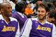 ATLANTA, GA - DECEMBER 16: Kobe Bryant #24 and Pau Gasol #16 of the Los Angeles Lakers enjoy a laugh during the first half against the Atlanta Hawks at Philips Arena on December 16, 2013 in Atlanta, Georgia. NOTE TO USER: User expressly acknowledges and