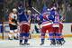 NEW YORK, NY - APRIL 17: Brad Richards #19 of the New York Rangers (R) celebrates his game winning goal in the third period against the Philadelphia Flyers in Game One of the First Round of the 2014 NHL Stanley Cup Playoffs at Madison Square Garden on Ap