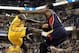 Apr 6, 2014; Indianapolis, IN, USA; Indiana Pacers guard Lance Stephenson (1) drives to the basket and runs into Atlanta Hawks forward Paul Millsap (4) during the fourth quarter at Bankers Life Fieldhouse. Atlanta won 107-88. Mandatory Credit: Pat Lovell-