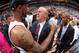 MIAMI, FL - JUNE 20: Pat Riley and LeBron James #6 of the Miami Heat celebrate after defeating the San Antonio Spurs in Game Seven of the 2013 NBA Finals on June 20, 2013 at the American Airlines Arena in Miami, Florida. NOTE TO USER: User expressly ackno