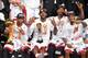 MIAMI, FL - JUNE 20: (L-R) Dwyane Wade #3, LeBron James #6, Chris Bosh #1, and Norris Cole #30 during the Larry O'Brien Trophy presentation following the Heat's victory against the San Antonio Spurs in Game Seven of the 2013 NBA Finals on June 20, 2013 a
