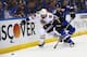 ST. LOUIS, MO - APRIL 17: Alex Pietrangelo #27 of the St. Louis Blues looks to keep Brandon Bollig #52 of the Chicago Blackhawks from getting to a loose puck in Game One of the First Round of the 2014 Stanley Cup Playoffs at the Scottrade Center on April