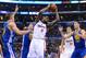 Oct 31, 2013; Los Angeles, CA, USA; Golden State Warriors power forward David Lee (10), shooting guard Klay Thompson (11) and small forward Draymond Green (23) look on as Los Angeles Clippers center DeAndre Jordan (6) grabs a rebound in the second quart