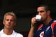 BANGALORE, INDIA - NOVEMBER 23: Kevin Pietersen, the captain of England, enjoys a cup of tea with coach Peter Moores during a rain break at the 4th One Day International between India and England played at The M.Chinaswamy Stadium on November 23, 2008 i