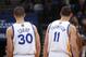 OAKLAND, CA - APRIL 4: Stephen Curry #30 and Klay Thompson #11 of the Golden State Warriors in a game against the Sacramento Kings on April 4, 2014 at Oracle Arena in Oakland, California. NOTE TO USER: User expressly acknowledges and agrees that, by downl