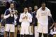 Nov 11, 2013; Indianapolis, IN, USA; Indiana Pacers from left to right forward David West, guard George Hill, guard Lance Stephenson, forward Paul George, and center Roy Hibbert watch the Pacers extend their winning streak to 8-0 against the Memphis Grizz