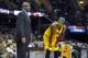 Nov 27, 2013; Cleveland, OH, USA; Cleveland Cavaliers point guard Kyrie Irving (2) and head coach Mike Brown react in the third quarter against the Miami Heat at Quicken Loans Arena. Mandatory Credit: David Richard-USA TODAY Sports