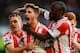 LONDON, ENGLAND - APRIL 19: Fabio Borini (C) of Sunderland celebrates with team mates after scoring his sides second goal from the penalty spot during the Barclays Premier League match between Chelsea and Sunderland at Stamford Bridge on April 19, 2014 i