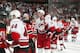 NEWARK, NJ - APRIL 28: The Carolina Hurricanes are congratulated by the New Jersey Devils during the traditional handshake after the Hurricanes defeated the Devils 4-3 in Game Seven of the Eastern Conference Quarterfinal Round of the 2009 Stanley Cup Play