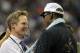 HOUSTON, TX - APRIL 04: CBS broadcaster Steve Kerr talks with former teammate and recently elected Naismith Memorial Basketball Hall of Fame 2011 inductee Dennis Rodman during halftime of the National Championship Game of the 2011 NCAA Division I Men's B