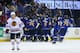 ST. LOUIS, MO - APRIL 19: Members of the St. Louis Blues celebrate after beating the Chicago Blackhawks in overtime in Game Two of the First Round of the 2014 Stanley Cup Playoffs at the Scottrade Center on April 19, 2014 in St. Louis, Missouri. The Blue