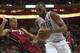 Jan 18, 2014; Charlotte, NC, USA; Charlotte Bobcats center Al Jefferson (25) drives the ball against Miami Heat small forward Shane Battier (31) during the second half at Time Warner Cable Arena. The Heat defeated the Bobcats 104-96 in overtime. Mandatory