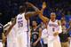 OKLAHOMA CITY, OK - APRIL 19: Kevin Durant #35 of the Oklahoma City Thunder and Russell Westbrook #0 of the Oklahoma City Thunder celebrate against the Memphis Grizzlies in Game One of the Western Conference Quarterfinals during the 2014 NBA Playoffs at