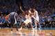 OKLAHOMA CITY, OK - APRIL 19: Reggie Jackson #15 of the Oklahoma City Thunder defends against the Memphis Grizzlies during Game One of the Western Conference Quarterfinals of the NBA Playoffs at Chesapeake Energy Arena on April 19, 2014 in Oklahoma City,