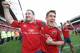 LIMERICK, IRELAND - APRIL 05: Damien Varley and Ian Keatley of Munster celebrate victory after the Heineken Cup Quarter Final match between Munster and Toulouse at Thomond Park on April 5, 2014 in Limerick, Ireland. (Photo by Patrick Bolger/Getty Images)