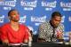 OKLAHOMA CITY, OK - APRIL 19: Russell Westbrook #0 and Kevin Durant #35 of the Oklahoma City Thunder address the media after Game One of the Western Conference Quarterfinals against the Memphis Grizzlies during the 2014 NBA Playoffs on April 19, 2014 at t