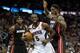 Apr 12, 2014; Atlanta, GA, USA; Atlanta Hawks forward DeMarre Carroll (5) fights for the ball with Miami Heat forward Udonis Haslem (40) during the second quarter at Philips Arena. Mandatory Credit: Kevin Liles-USA TODAY Sports