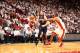 MIAMI, FL - April 20: Josh McRoberts #11 of the Charlotte Bobcats drives against the Miami Heat during Game One of the Eastern Conference Quarterfinals of the 2014 NBA playoffs at the American Airlines Arena in Miami, Florida on April 20, 2014. NOTE TO US