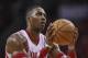 Apr 20, 2014; Houston, TX, USA; Houston Rockets center Dwight Howard (12) attempts a free throw during the fourth quarter against the Portland Trail Blazers in game one during the first round of the 2014 NBA Playoffs at Toyota Center. Mandatory Credit: Tr